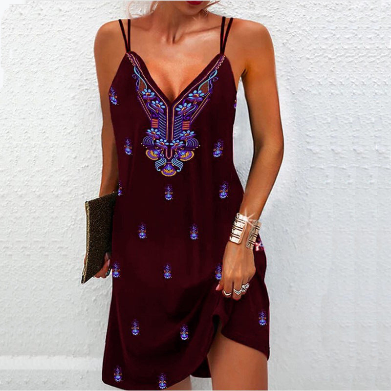 Women Casual Vintage Sleeveless Floral Printed Summer Bohemian V- Neck Dress