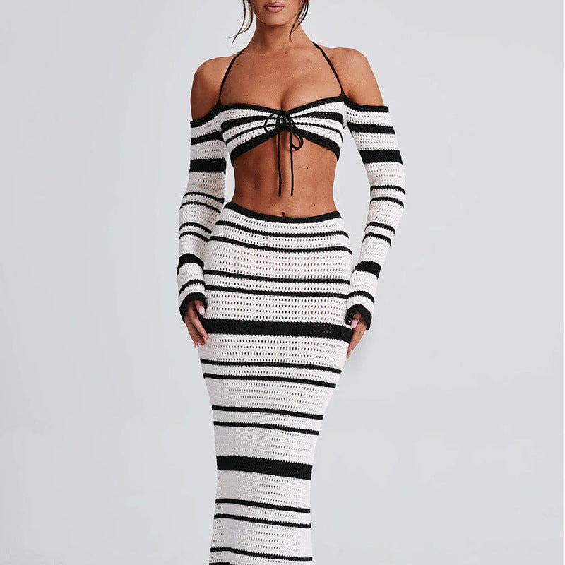 Women Fashion Sexy Stripe Halter-Neck Top Set