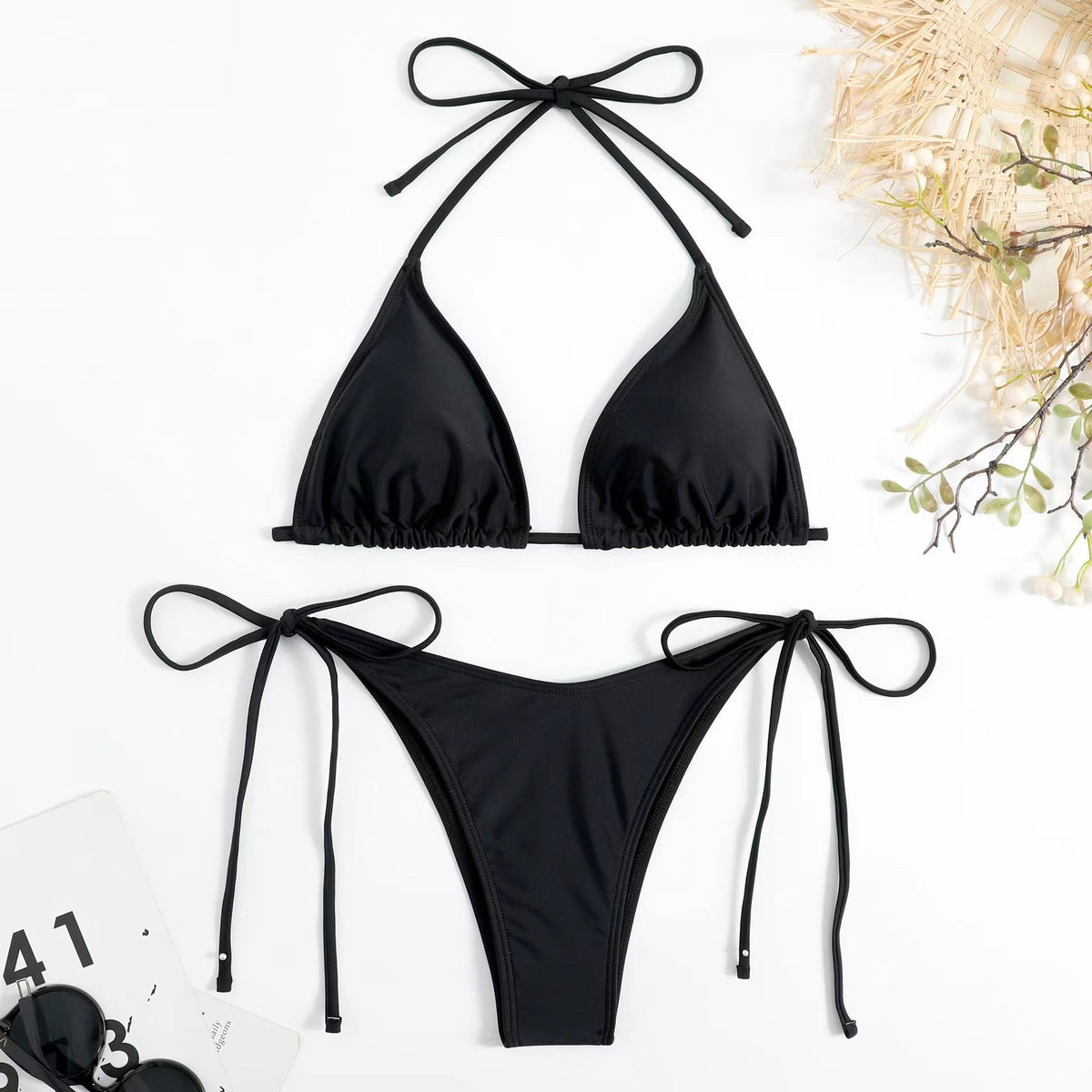 Bikini sexy de cuello halter de color sólido a la moda para mujer
