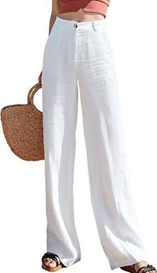 Pantalones casuales de algodón y lino de color liso para mujer, pierna ancha y cintura alta