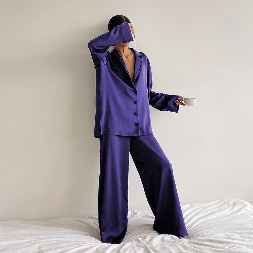 Women's Long-Sleeved Solid Satin Two-Piece Pajamas