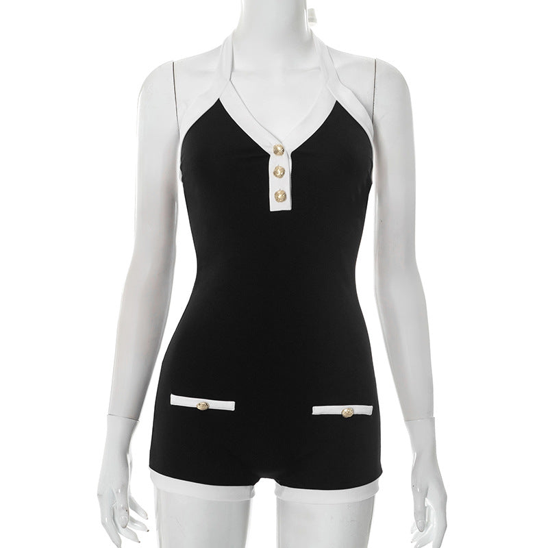 Women Fashion Sexy Contrast Color Halter-Neck Jumpsuit
