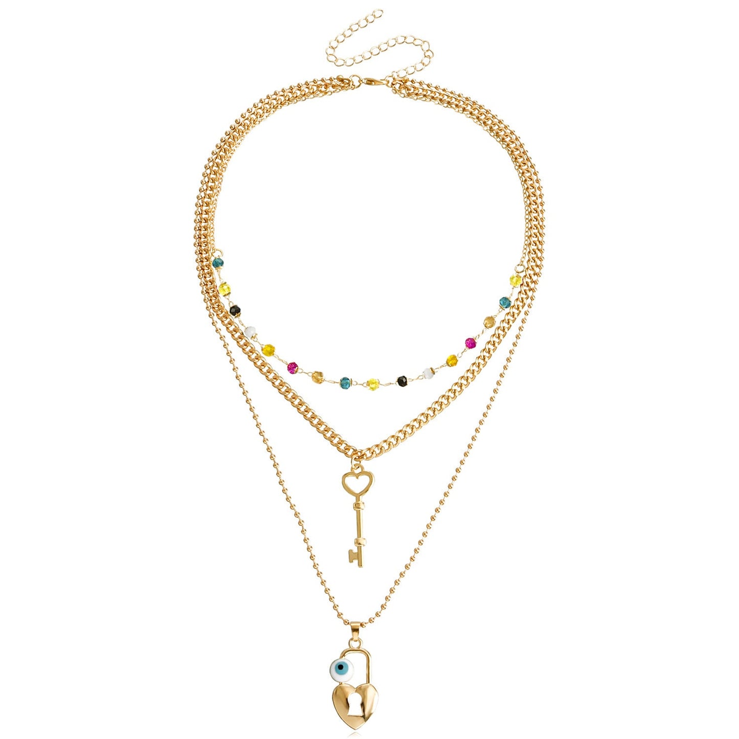 Collar con llave de corazón y cuentas multicolores bohemias