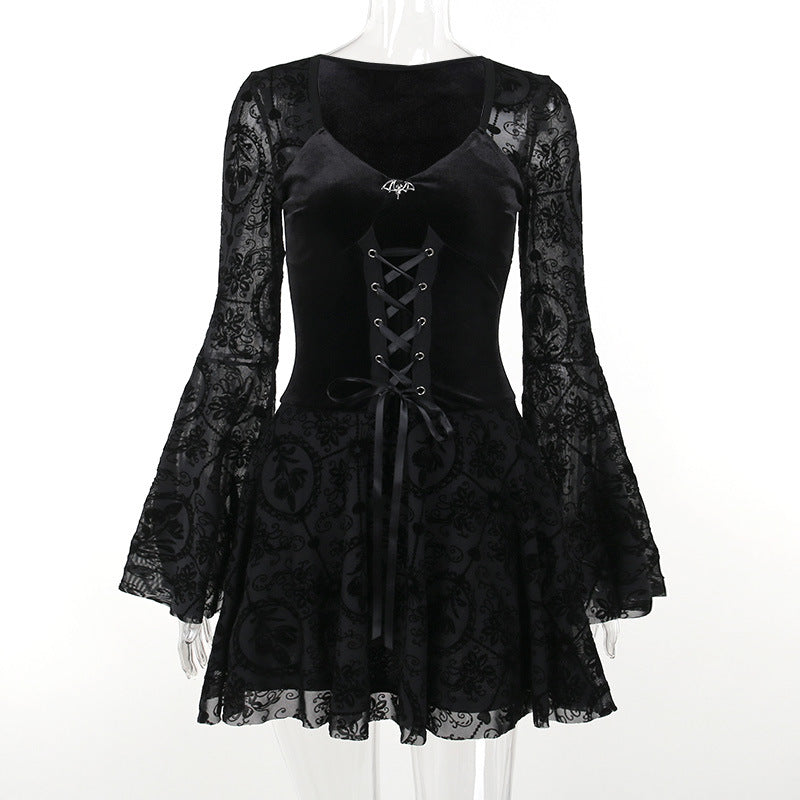 Robe floquée à manches longues de style gothique pour femme
