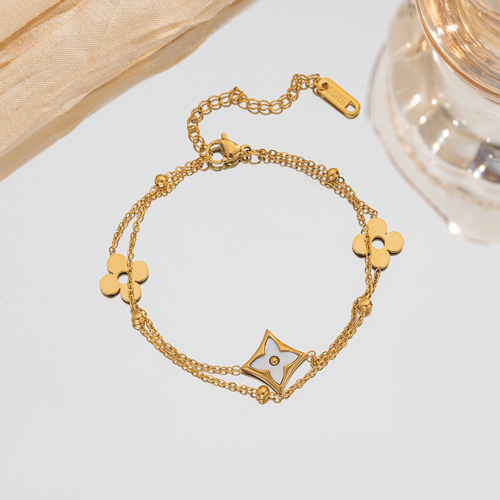 Fashion Double Layer Four Leaf Clover Titanium Steel Bracelet for Couples