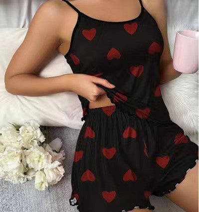 Women Fashion Sexy Love Printed Camisole Pajamas Set