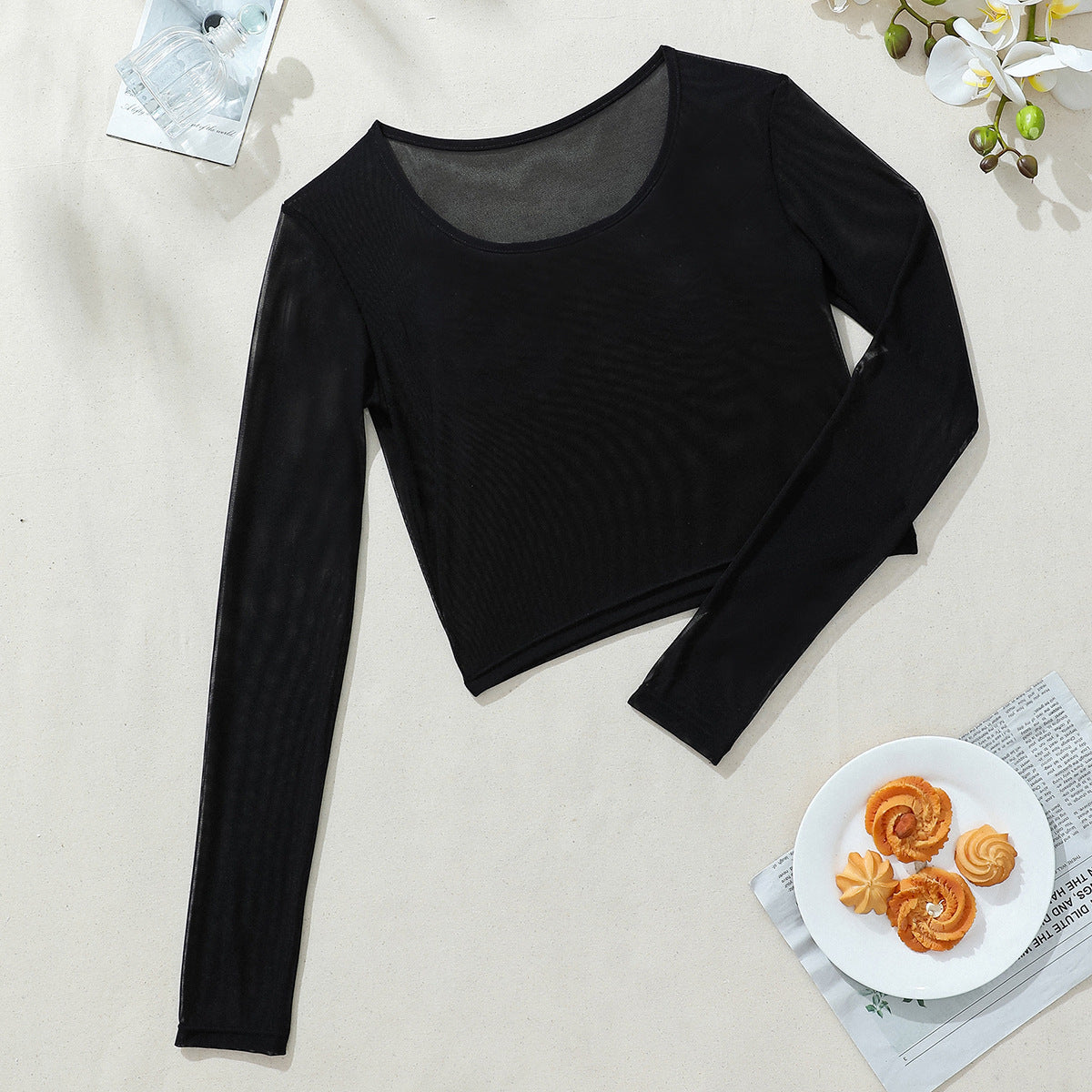Women See-Through Slim Fit Long Sleeve Mesh Crop Top