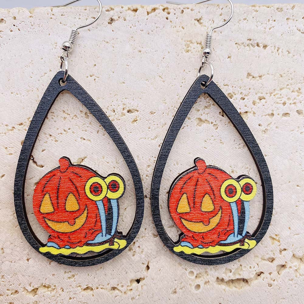 Halloween Women Funny Pumpkin Wizard Wooden Earrings