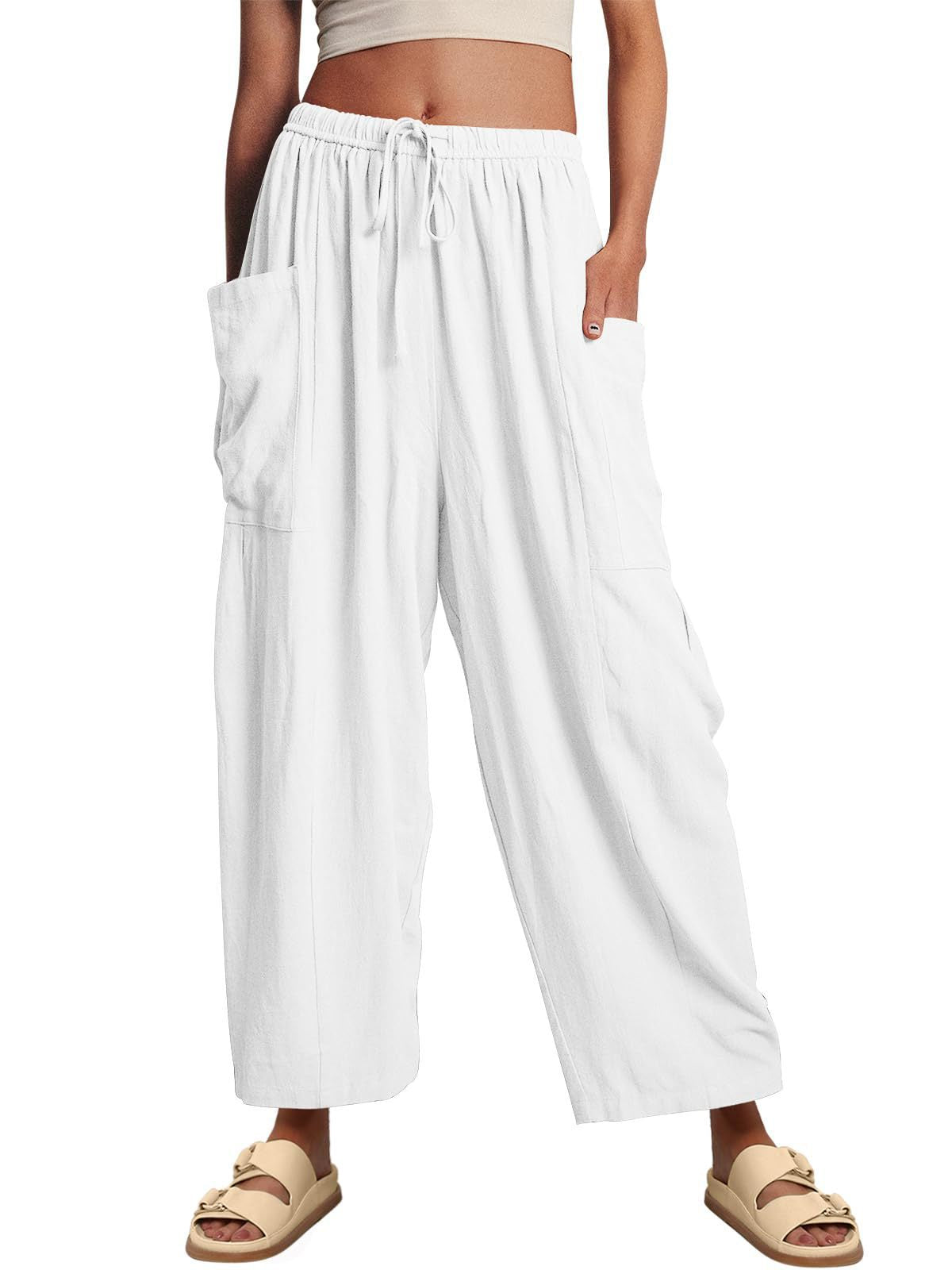 Pantalones anchos de cintura alta de lino y algodón para mujer