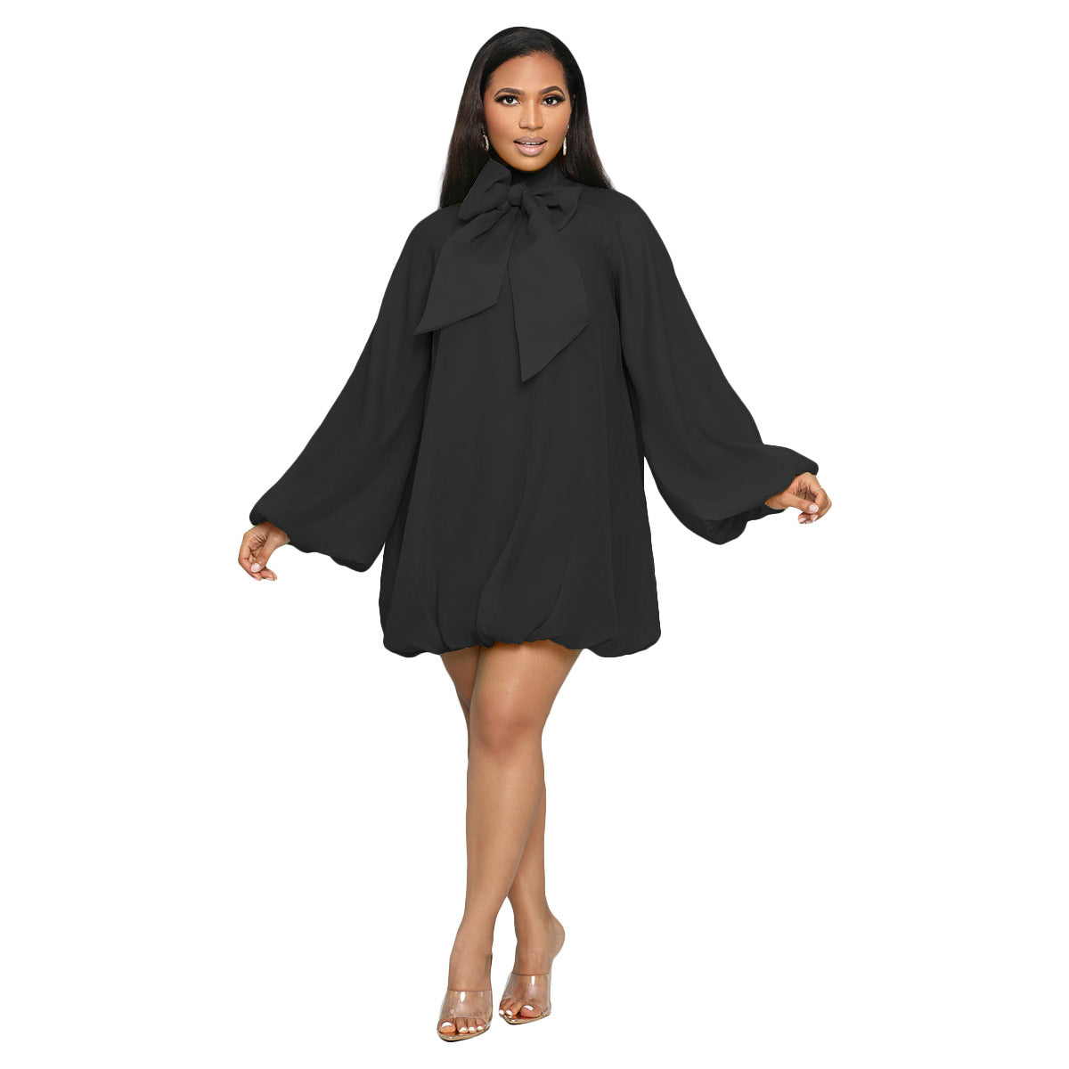 Women Fashion Solid Color Bow Puff Sleeve Chiffon Dress