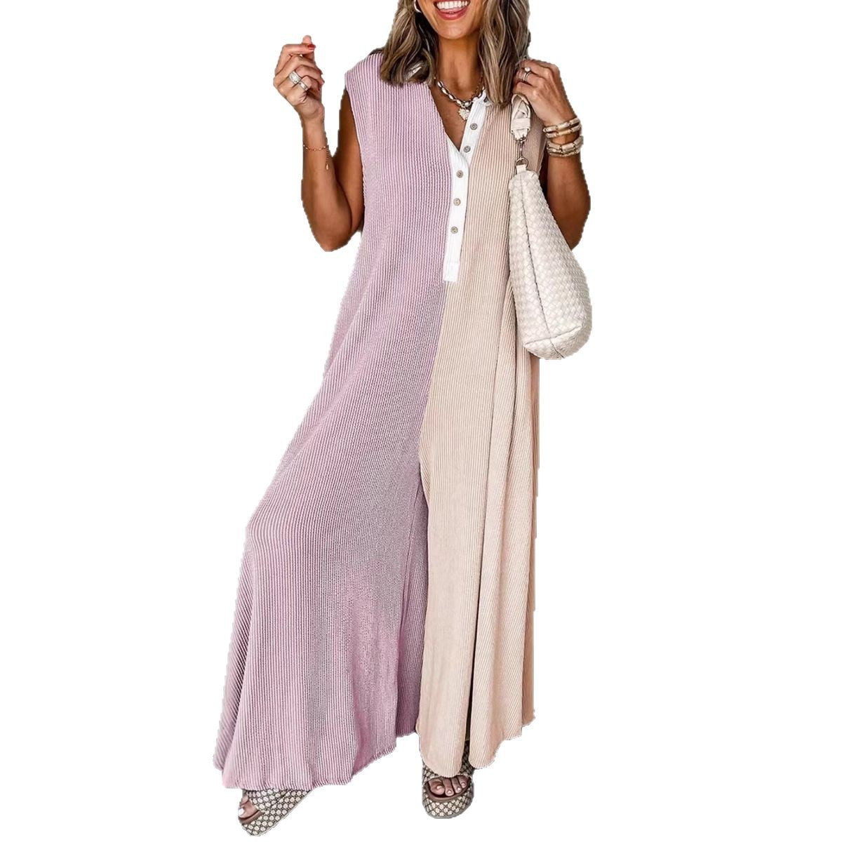 Women Fashion Casual Colorblock Sleeveless Jumpsuit