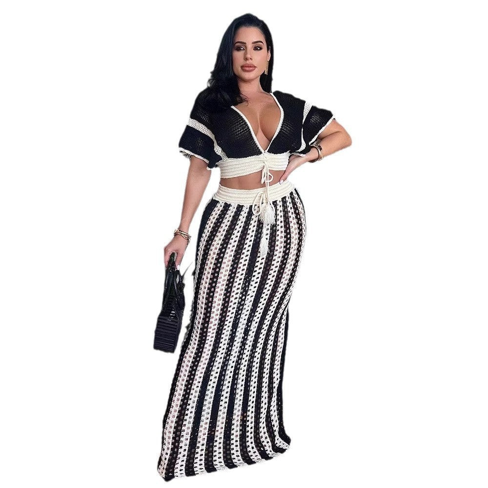 Haut sexy à col en V en tricot à blocs de couleurs pour femmes
