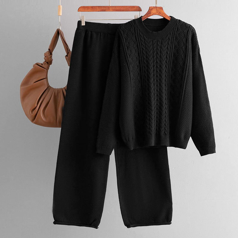 Ensemble pull tricoté décontracté de couleur unie et pantalon large pour femme
