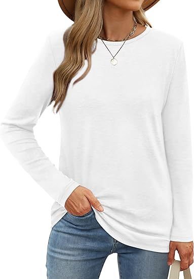 Summer Women Casual Solid Color Round Neck Long Sleeve Blank T-Shirt