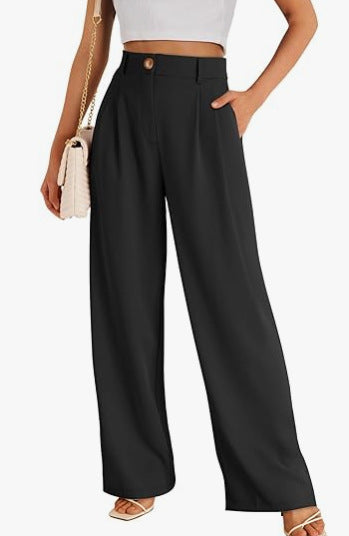 Pantalones casuales de pierna ancha para mujer, estilo poliéster de cintura alta