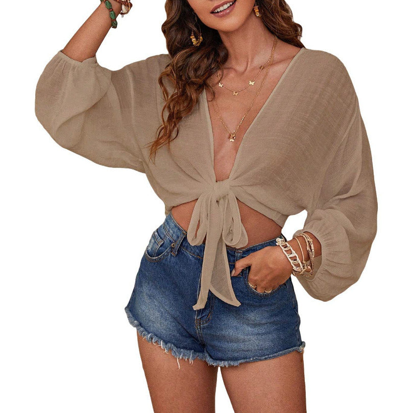 Chemisier sexy en coton et lin de couleur unie pour femme