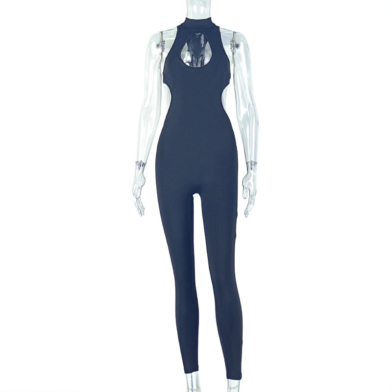 Women Fashion Sleeveless Backless Jumpsuit with Solid Color and Hollow-Out Design