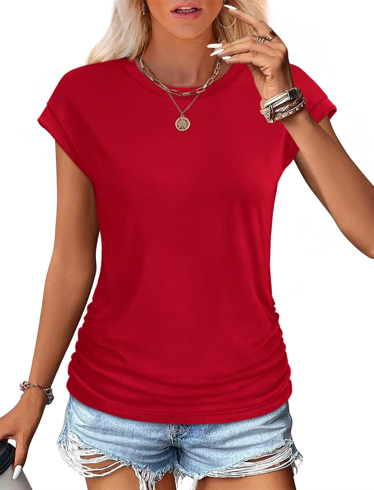 T-shirt décontracté à manches courtes en coton et soie pour femme, couleur unie