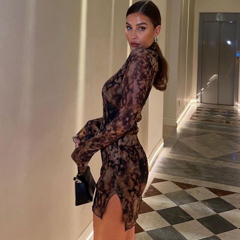 Women Fashion Sexy Printed Half High Collar Dress
