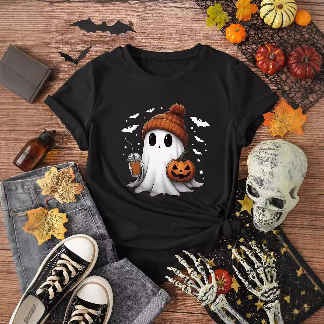 Camiseta de calabaza de Halloween de manga corta y cuello redondo