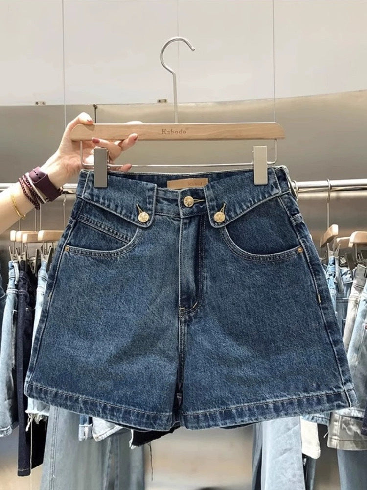 Pantalones cortos vaqueros de pierna ancha y cintura alta informales a la moda para mujer