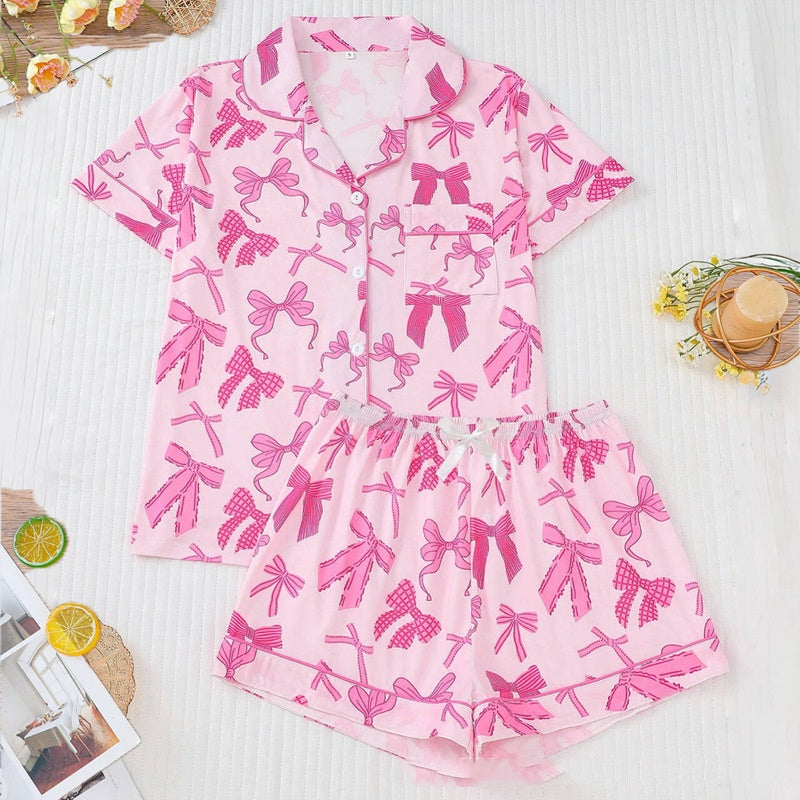 Women Pink Bow Print Lapel Short Sleeve Pajamas