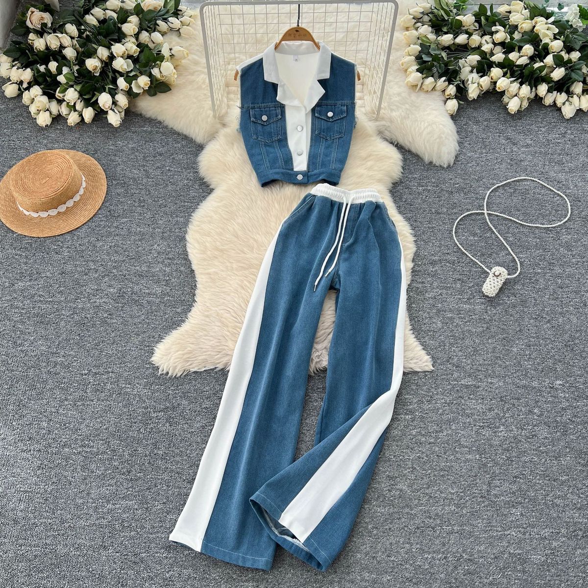 Ensemble débardeur en jean et pantalon large pour femme, mode été