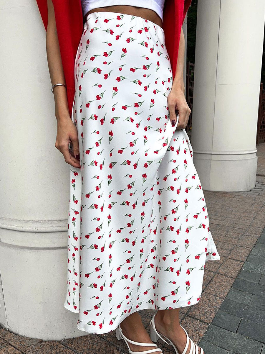 Falda de cola de pez de cintura alta con estampado de cerezas de moda de verano para mujer