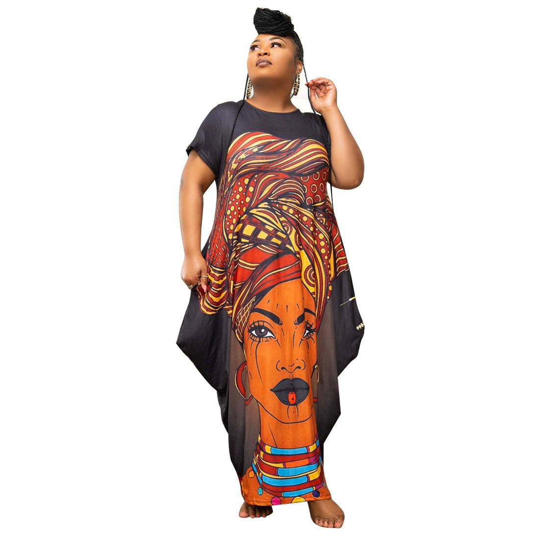 Robe longue décontractée à manches courtes et imprimé graphique style bohème pour femmes, grande taille