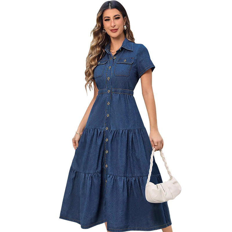 Vestido vaquero informal de manga corta con solapa para mujer