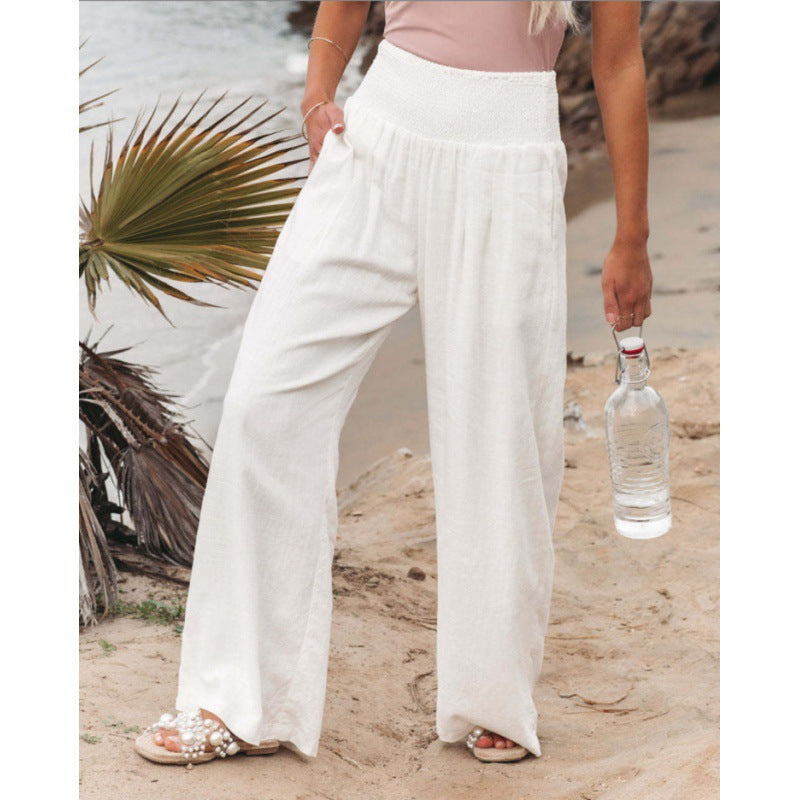 Pantalones anchos casuales de algodón y lino para mujer