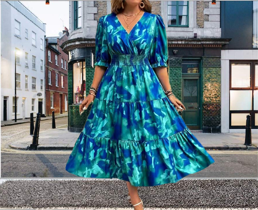 Elegant Plus Size Floral Print V-Neck Dress