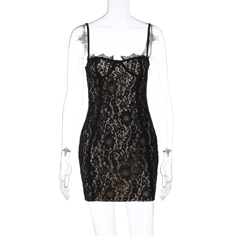Women Fashion Sexy Solid Color Lace Spaghetti Strap Dress