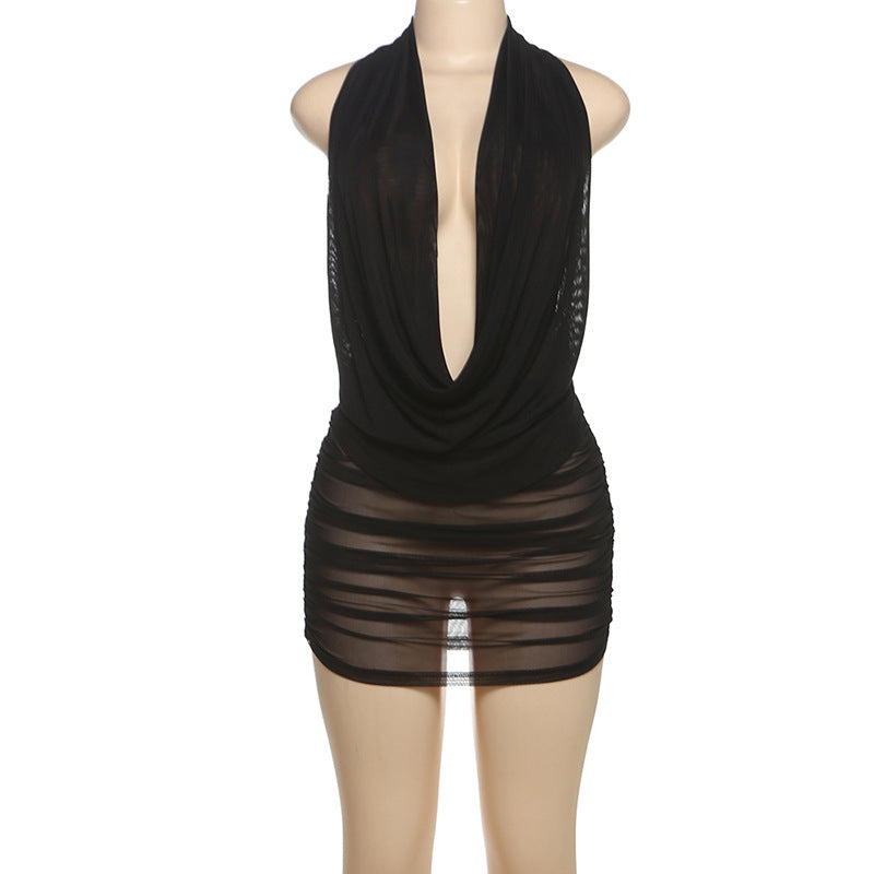 Top sexy de cuello halter de color sólido para mujer y falda plisada