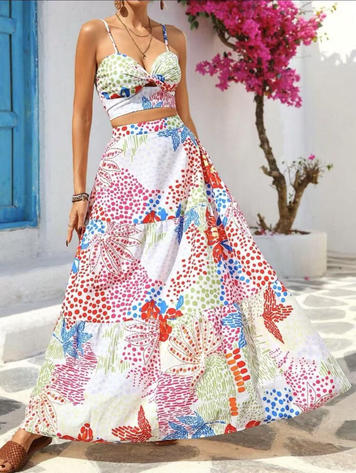 Women Fashion Sexy Printed Camisole and Loose Skirt Two-Piece Set