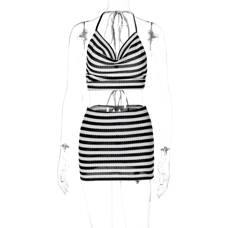 Women Fashion Sexy Stripe Halter-Neck Two-Piece Set