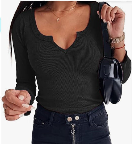 Camiseta informal de cuello en U profundo para mujer, color liso y lisa