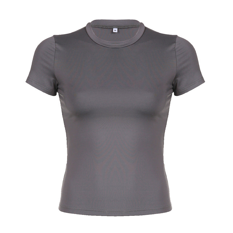 Women Fashion Casual Round Neck Short Sleeve Solid Color Blank T-Shirt
