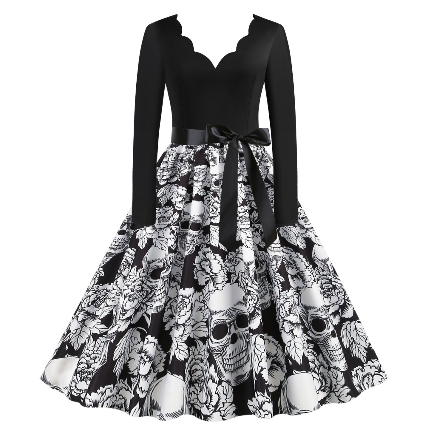 Vestido informal de Halloween con estampado de calavera y rosa para mujer