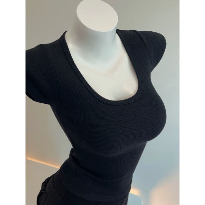 T-shirt slim à col en U pour femme, couleur unie, en mélange de polyester