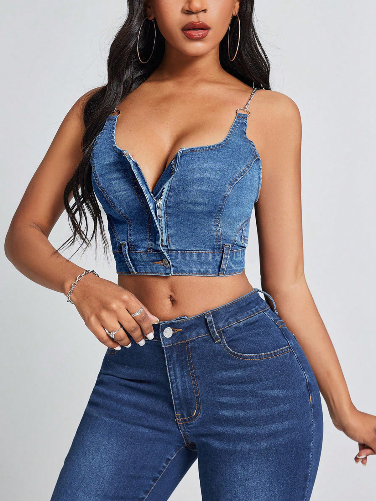 Women Fashion Deep V Backless Denim Camisole