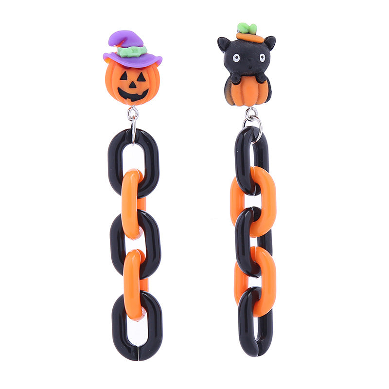 Pendientes de gato negro con cadena de calabaza, creativos y divertidos de Halloween para mujer