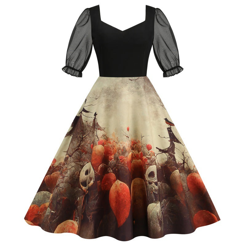 Halloween Party Mesh Sleeve Vintage Printed Dress