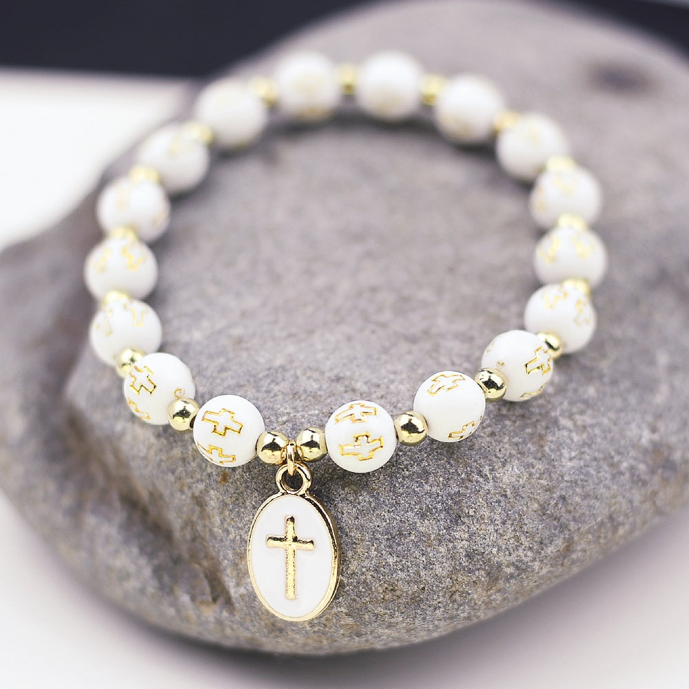 Pulsera de cuentas con colgante de cruz ovalada de moda para mujer