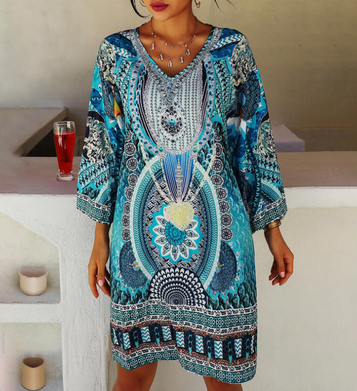 Spring Boho Graphic Print Women Plus Size Long Sleeved V Neck Casual Dress