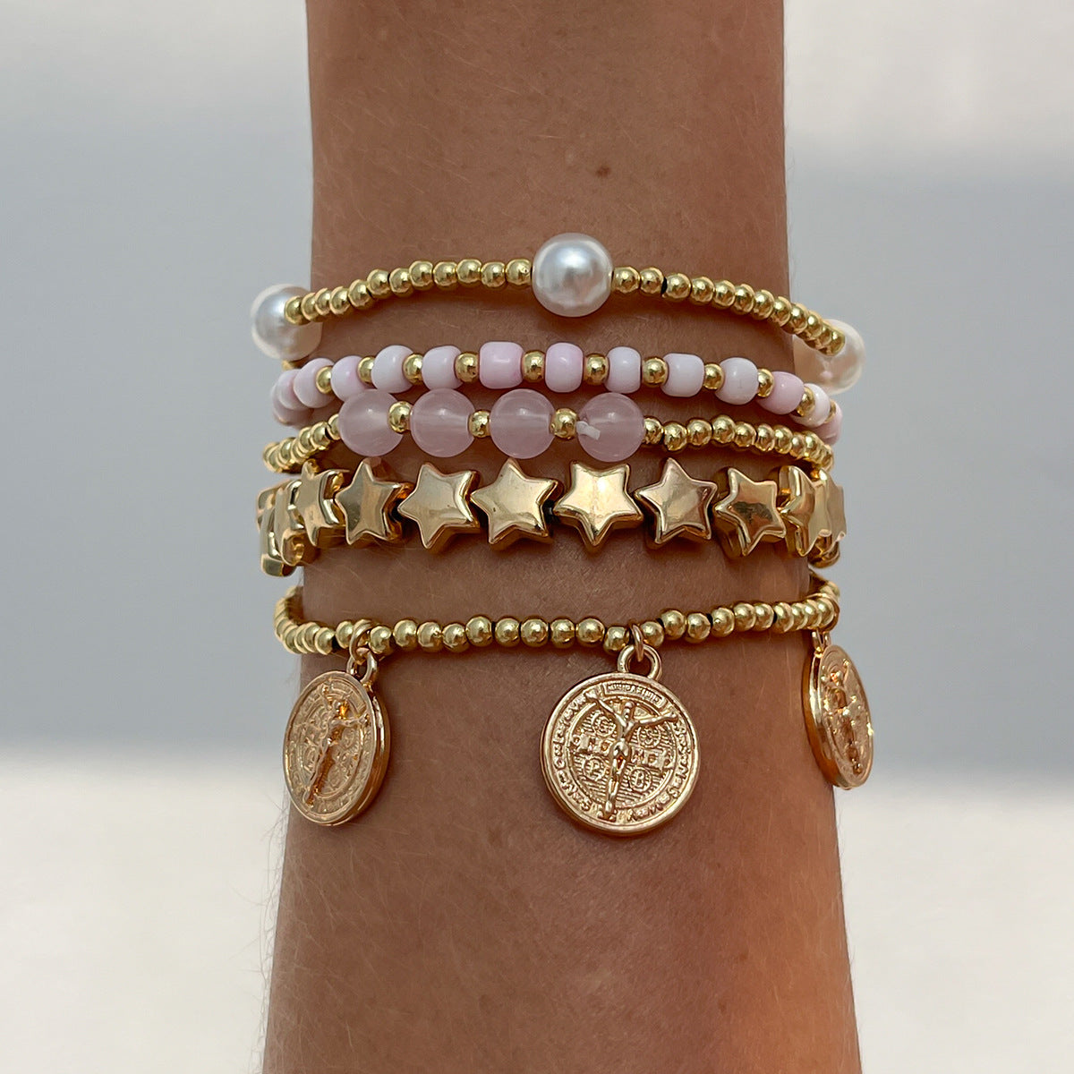 Women Fashion Beaded Star Pearl Multilayer Bracelet with Tassel