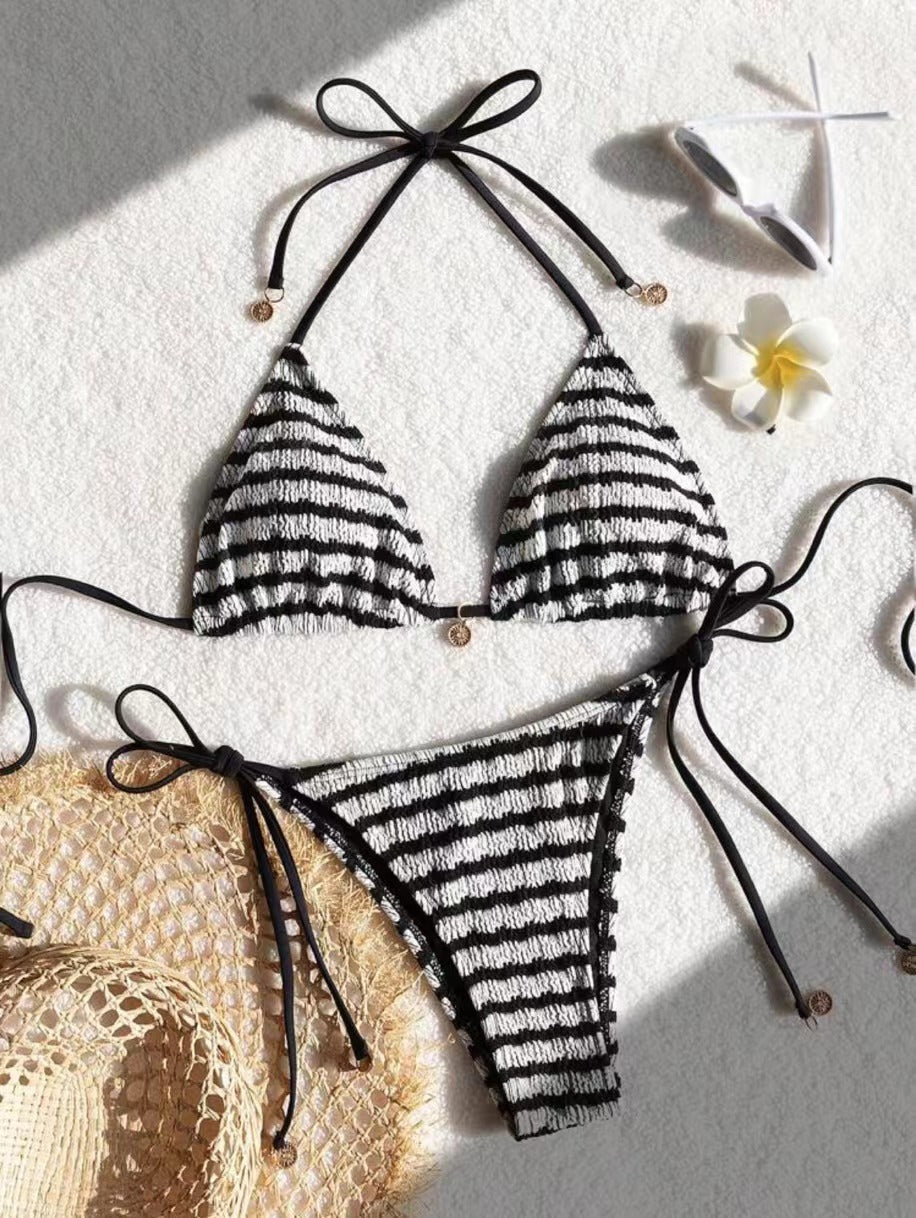 Maillot de bain bikini dos nu à rayures de couleur contrastée pour femme