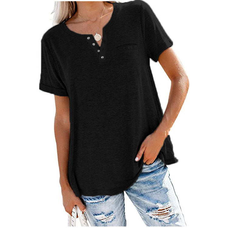 Camiseta informal holgada de verano para mujer, color liso, con cuello en V
