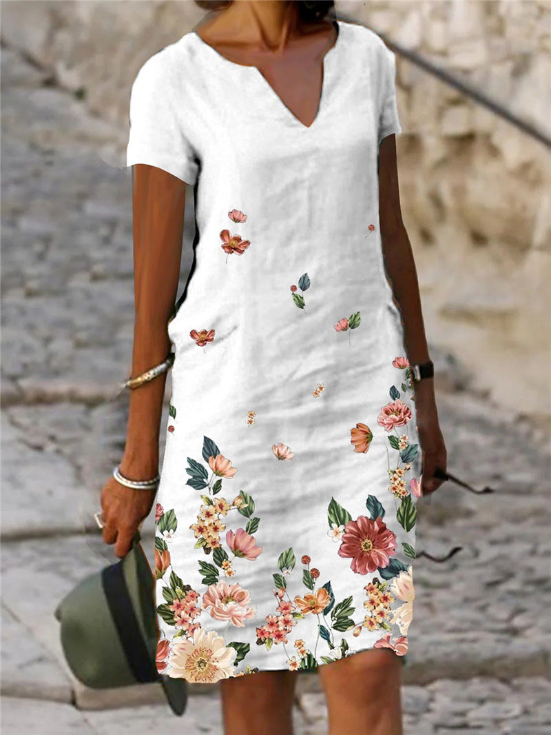 Vestido informal de mujer con estampado floral, manga corta y cuello en V