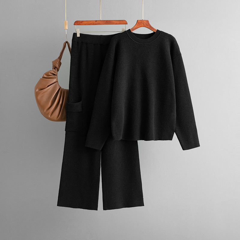 Conjunto de dos piezas de punto de color liso a la moda para mujer